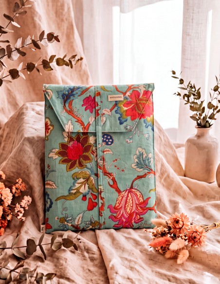 Matching fabric bag Handcrafted turquoise cotton pajamas with a floral print