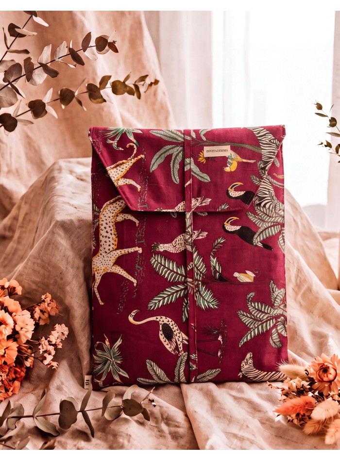 Matching fabric bag  Handcrafted maroon pajamas with an exotic animal print