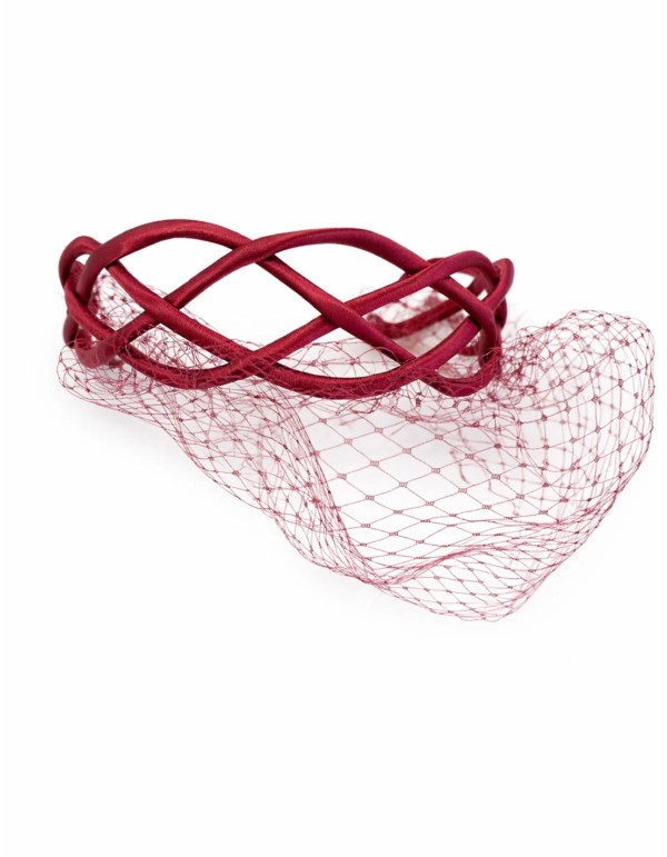 Maroon satin braided headband with tulle for a wedding guest 2