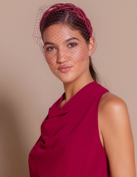 Maroon satin braided headband with tulle for a wedding guest