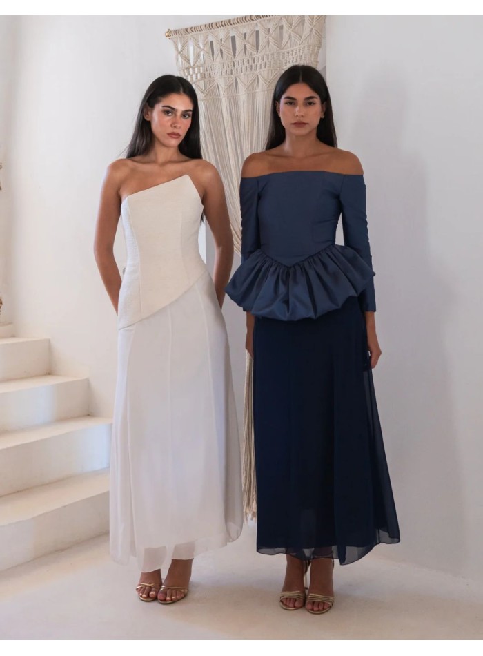Conjunto azul de falda de gasa y top de mikado para eventos de invierno