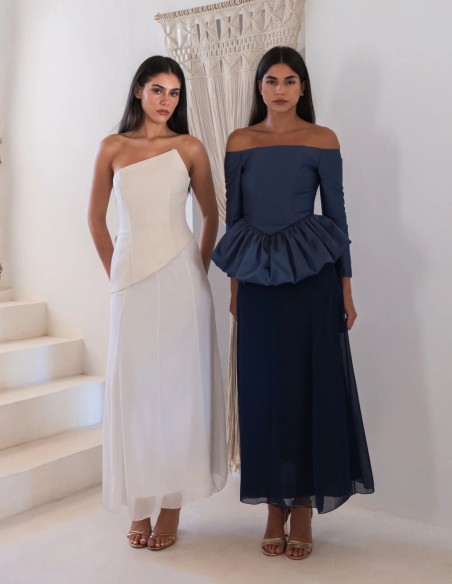 Blue outfit consisting of a chiffon skirt and a mikado top