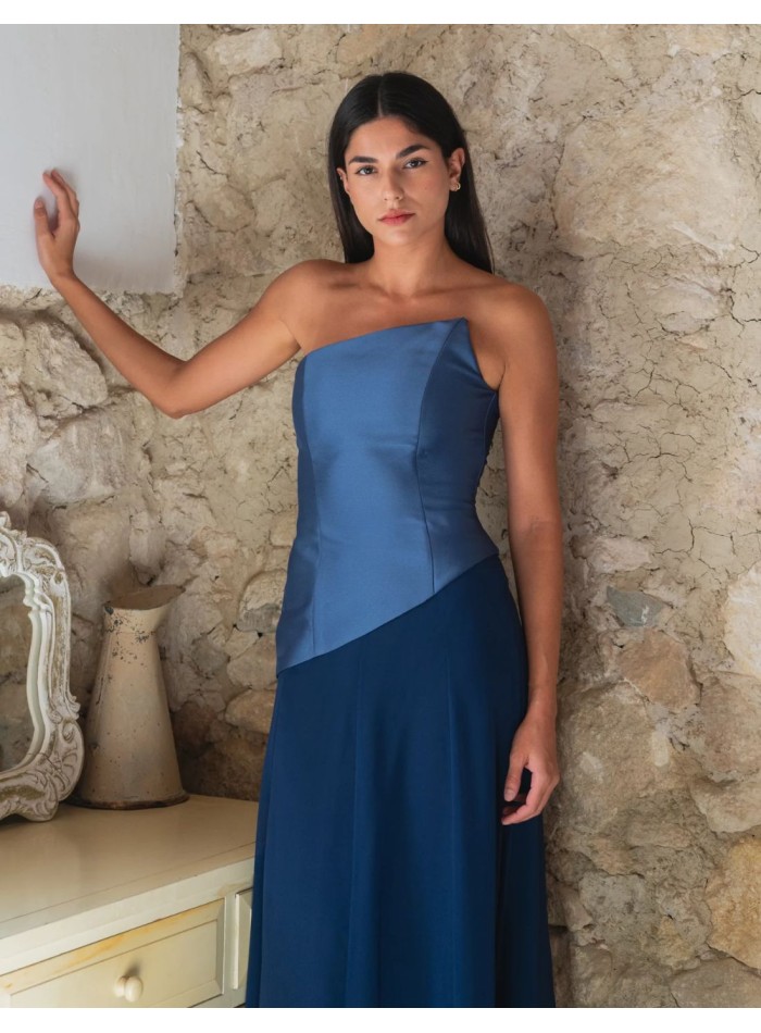 Blue chiffon and mikado ensemble with a pleated...