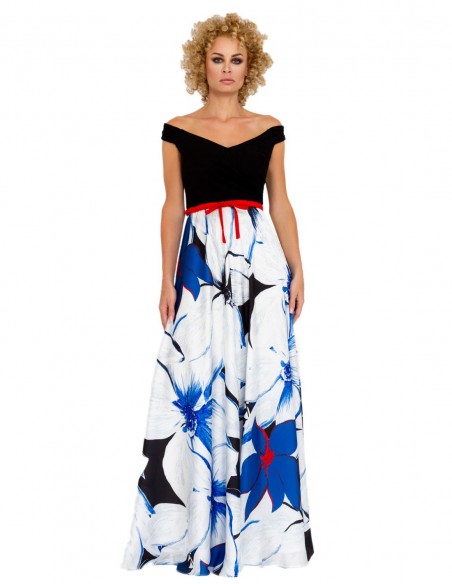 Long party dress with a floral print skirt at INVITADISIMA