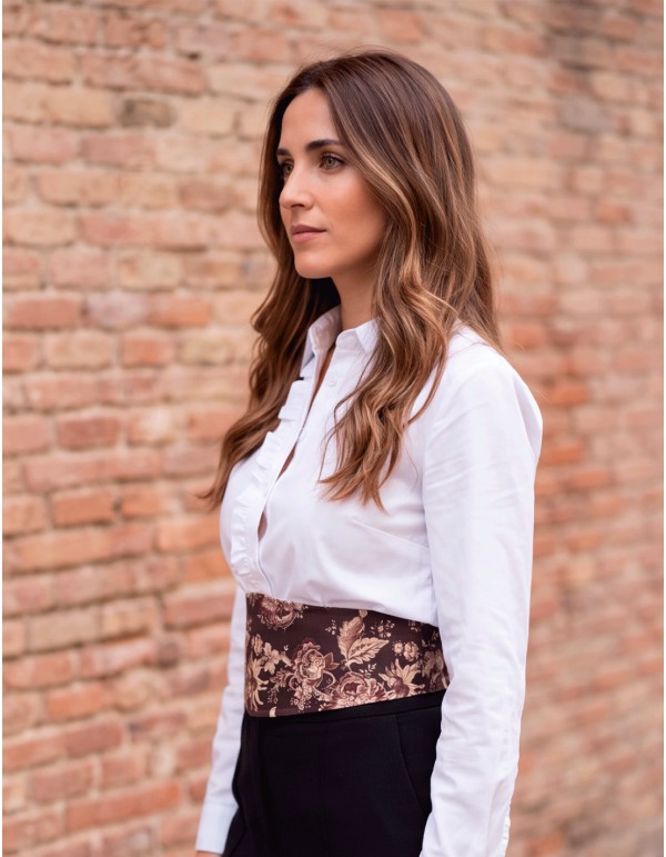 Fajín reversible marrón floral y de rayas de algodón con lazos