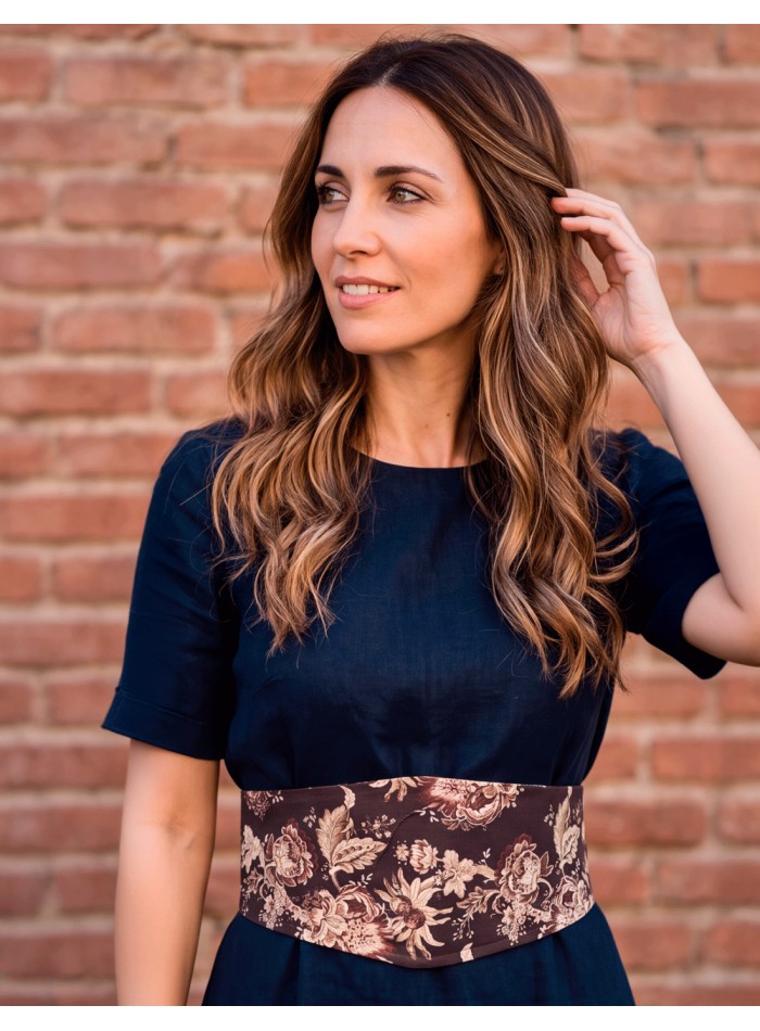 Fajín reversible marrón floral y de rayas de algodón con lazos perfecto para eventos y el día a día