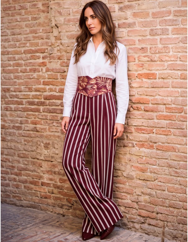 Reversible maroon cotton sash with floral and striped patterns and bows