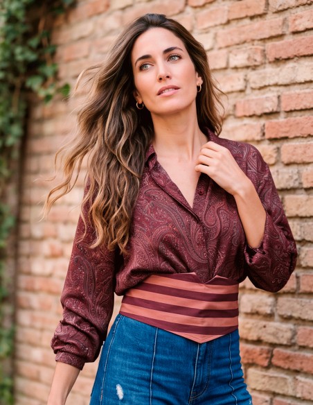 Ceinture réversible en coton, à motifs floraux et rayés de couleur grenat