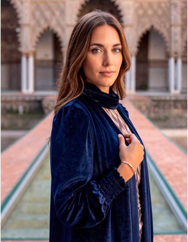 Kimono largo azul marino de terciopelo con chal incorporado 2
