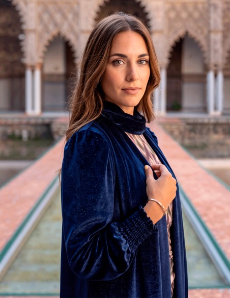 An elegant, long navy blue velvet kimono with a built-in shawl,