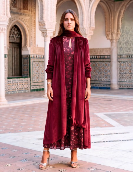 an elegant, long maroon velvet kimono with a built-in shawl