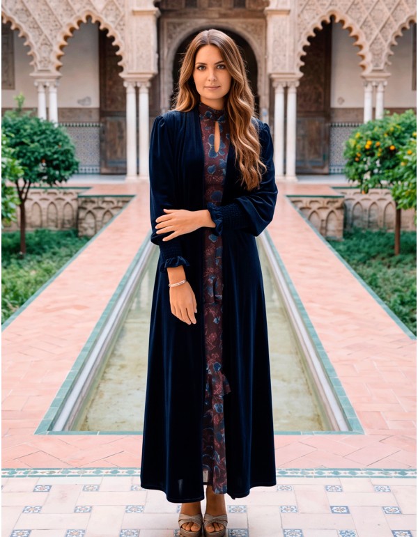 Kimono de terciopelo azul marino para mujer, elegante, fluido y fácil de combinar 2