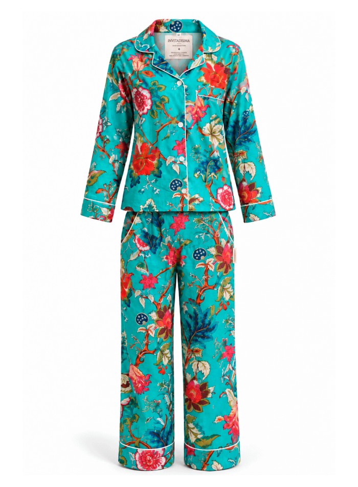 Turquoise blue printed cotton pajamas—the perfect gift for a woman