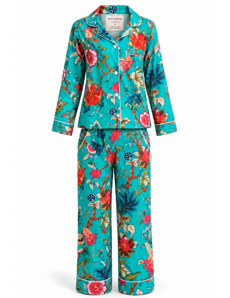 Turquoise blue printed cotton pajamas—the perfect gift for a woman