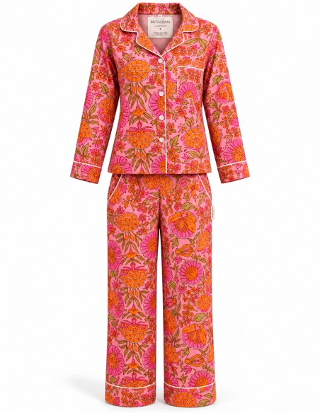 Printed pajamas for women. The floral print is orange and pink. Perfect as a gift