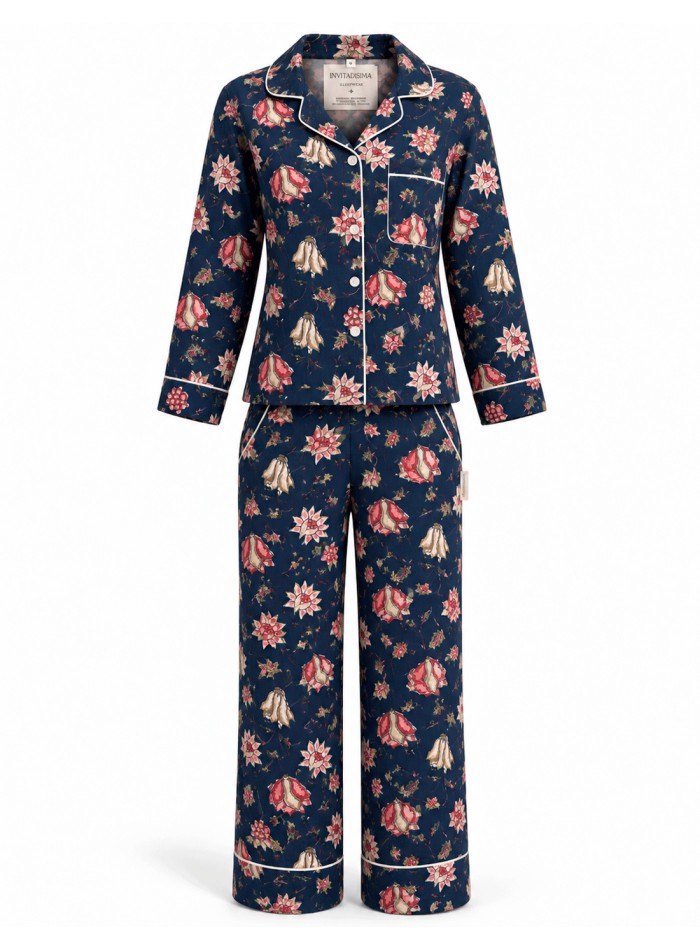 Pijama de algodon 100% azul marino con estampado floral para mujer
