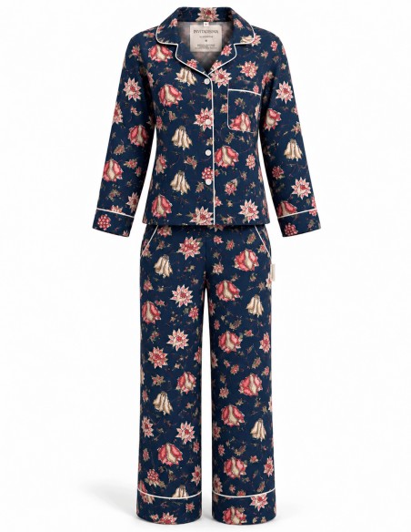 100% cotton navy blue pajamas with a floral print for women