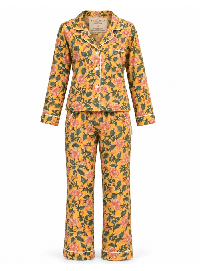 One of the most flattering pairs of pajamas for women, in yellow with pink flowers