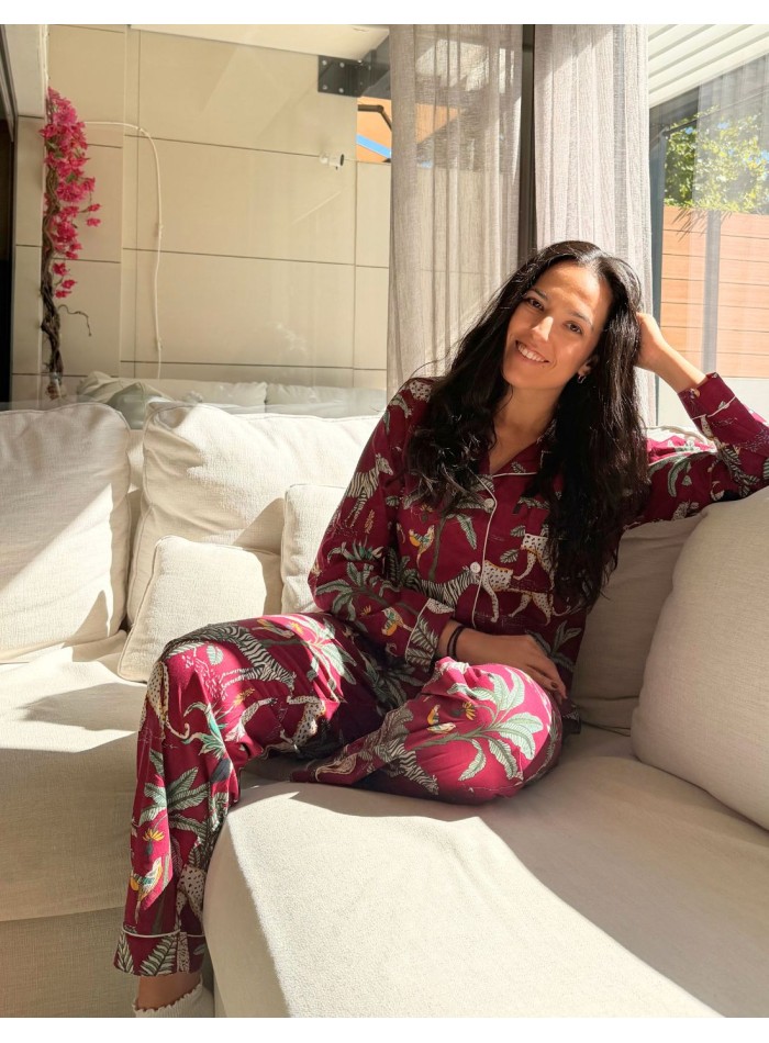Handcrafted maroon pajamas with an exotic...