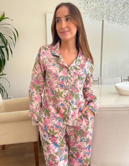 Three-piece pink printed pyjama set