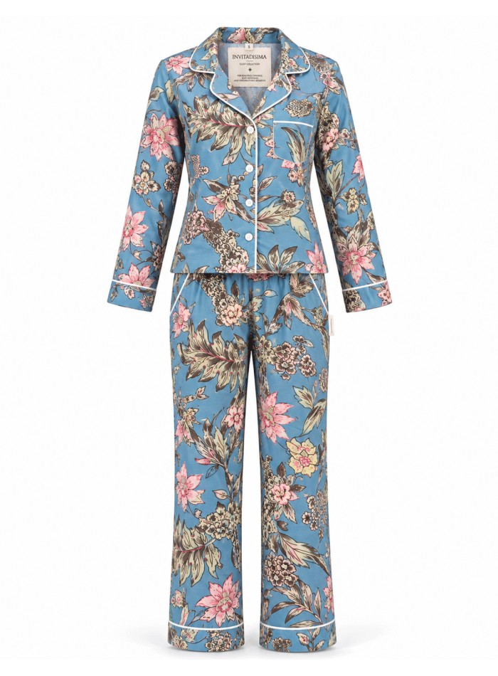 Pyjama en coton pour femme, à imprimé bleu et floral