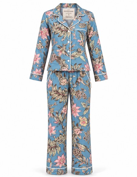 Women's cotton pajamas with a blue and floral print