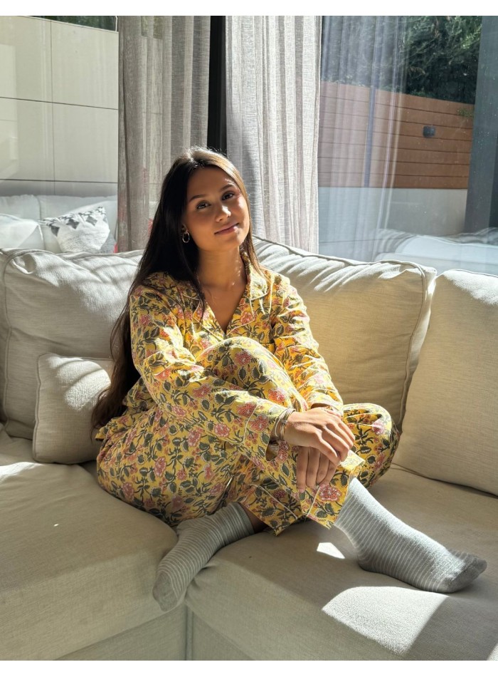 Handmade yellow cotton pajamas with pink...