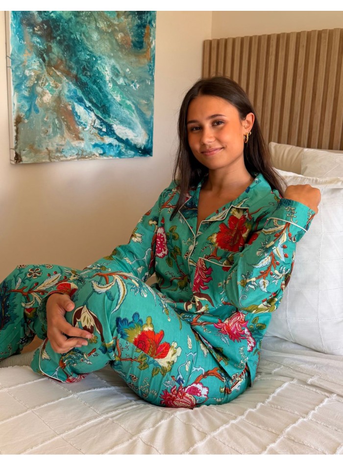 Handcrafted turquoise cotton pajamas with a...