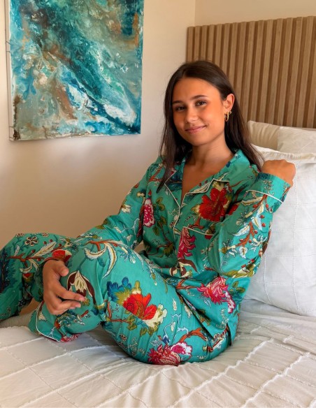 Handcrafted turquoise cotton pajamas with a floral print – 3-piece set