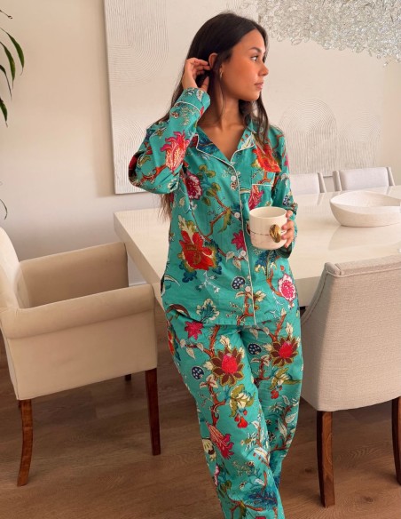Handcrafted turquoise cotton pajamas with a floral print – 3-piece set