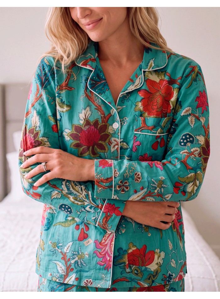 Pyjama en coton bleu turquoise à imprimé floral pour femme