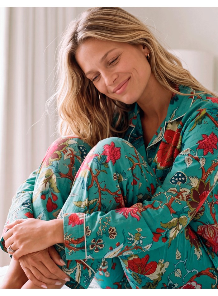 Turquoise blue cotton pajamas with a floral print for women—the perfect gift