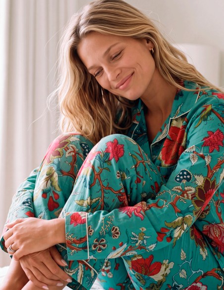 Turquoise blue cotton pajamas with a floral print for women—the perfect gift