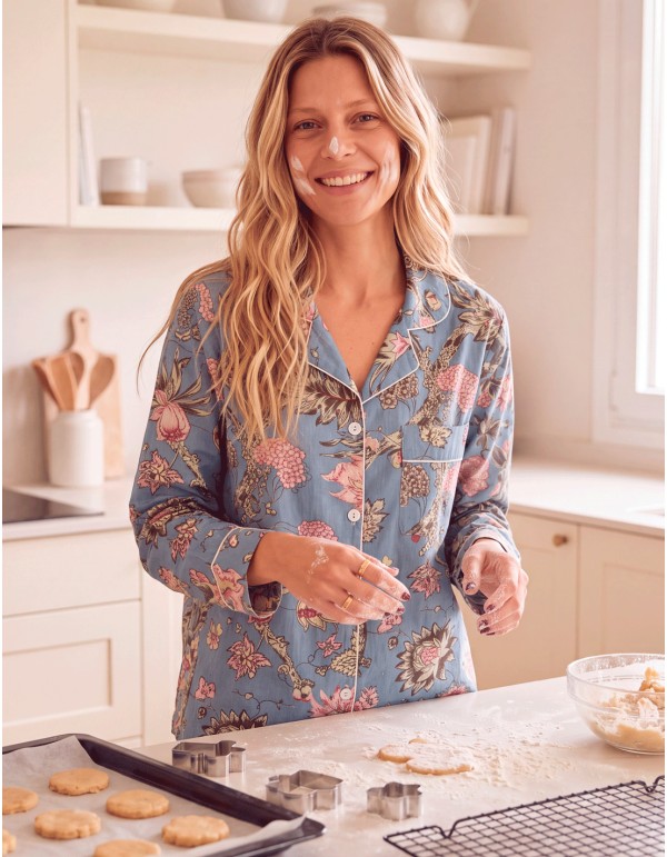 pijama azul claro con estampado floral para mujer joven 2