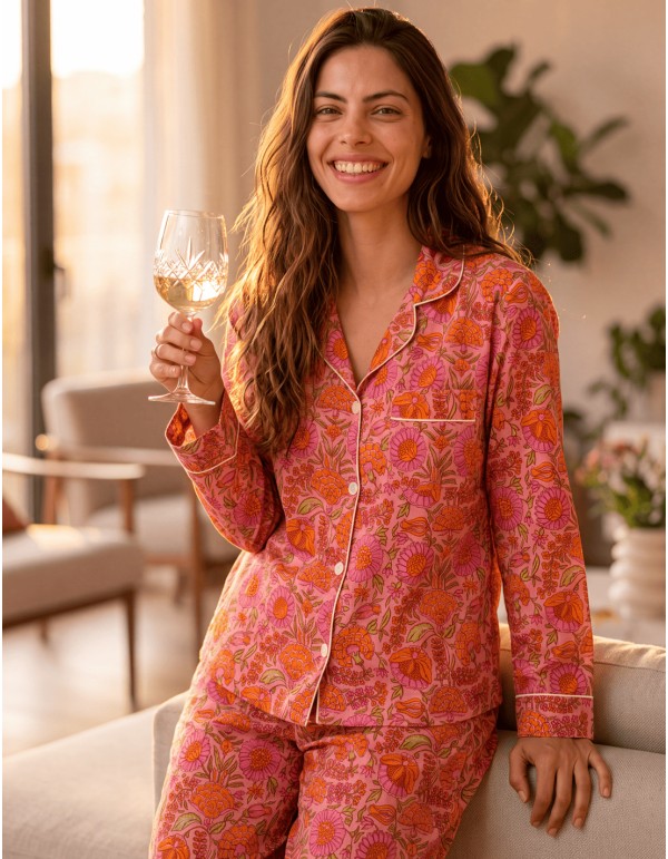 Pyjama artisanal en coton rose et orange 2