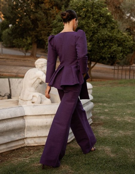 Purple wide-leg pants for wedding guests