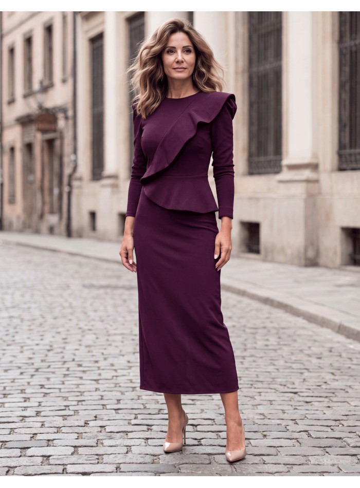 A solid aubergine-colored midi dress with long sleeves