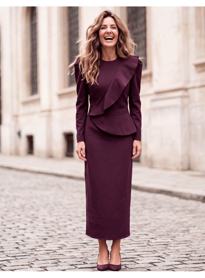 For the elegant guest: Solid eggplant-colored midi dress with a ruffle at the bust