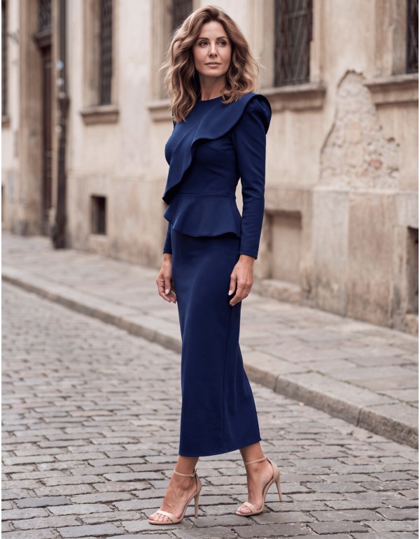 Vestido midi azul marino liso con volante en el pecho