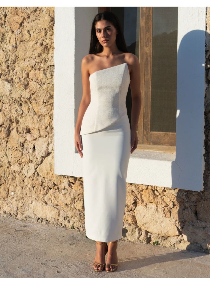 Asymmetrical strapless tweed top and white...