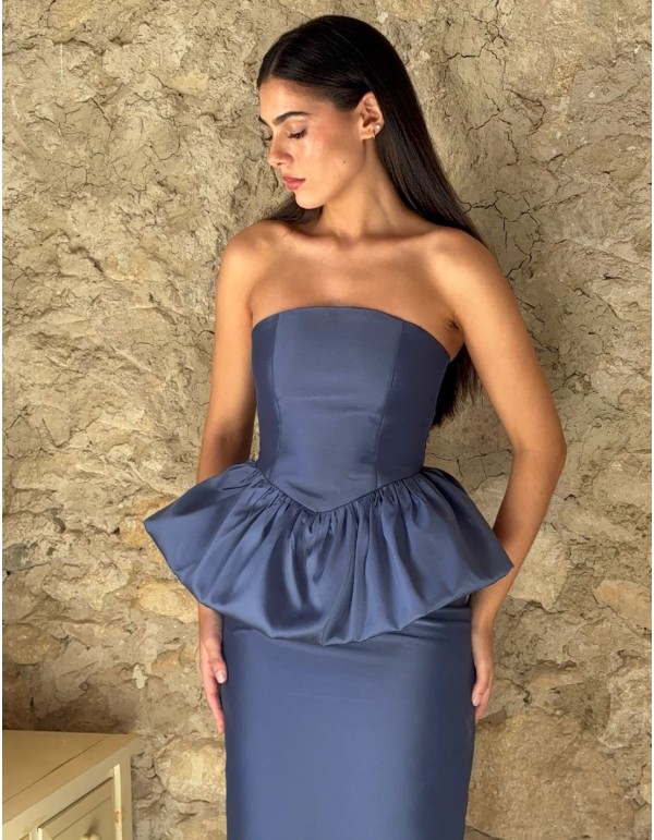 Strapless top and blue mikado pencil skirt set 2