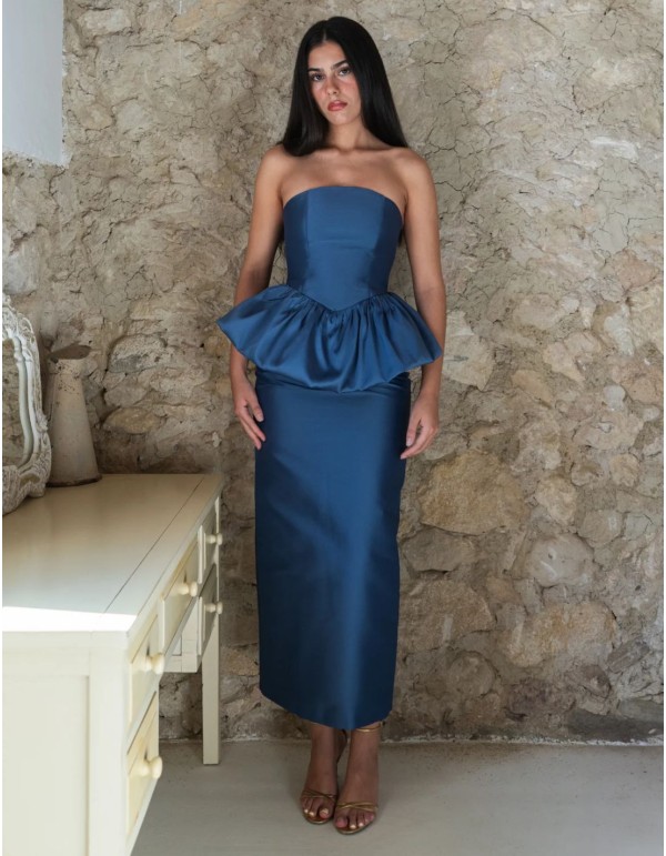 Strapless top and blue mikado pencil skirt set