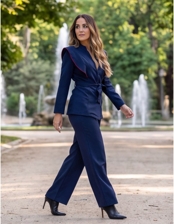 Navy blue two-piece suit with burgundy accents