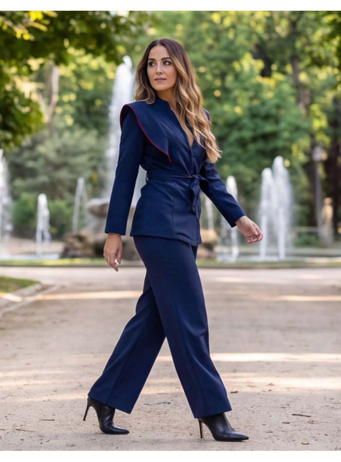 Navy blue two-piece suit with burgundy accents