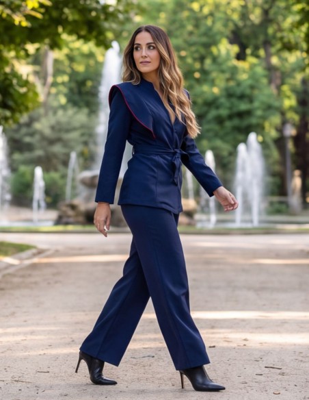Costume deux pièces bleu marine avec des détails bordeaux