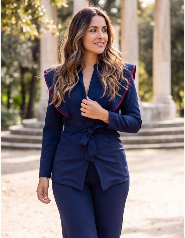 Navy blue two-piece suit with burgundy accents 2