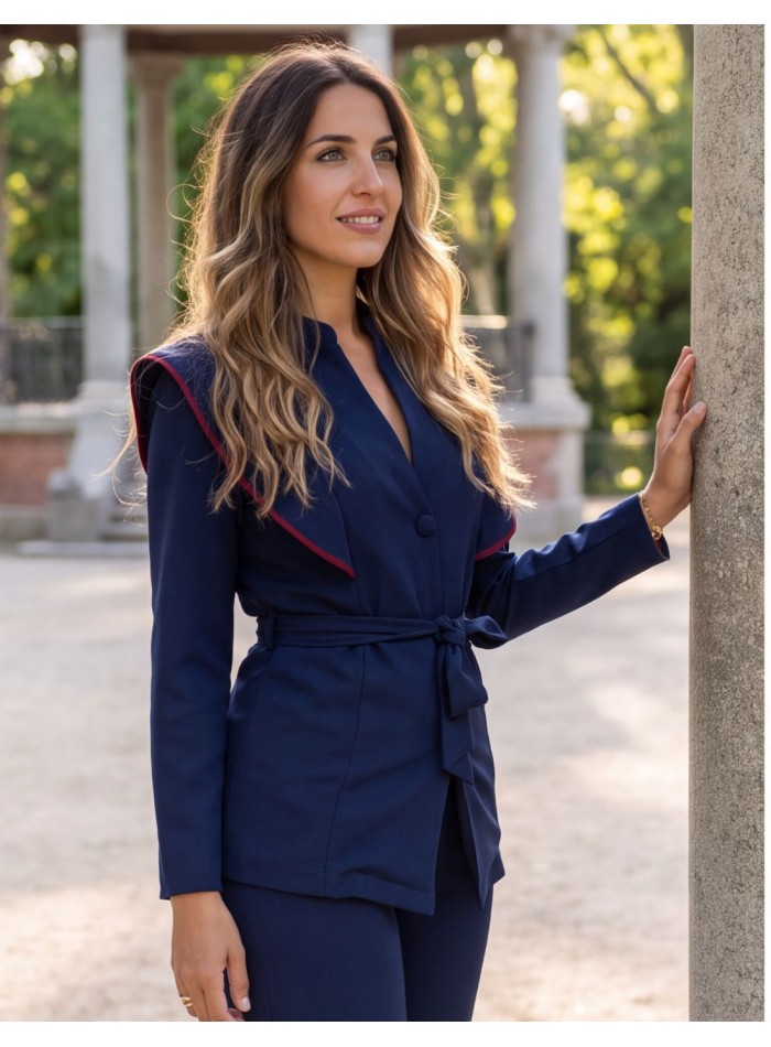 Navy blue two-piece suit with burgundy accents