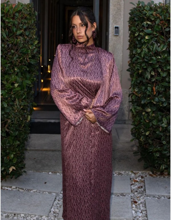 Long, flowing kimono in blackberry tones with a print