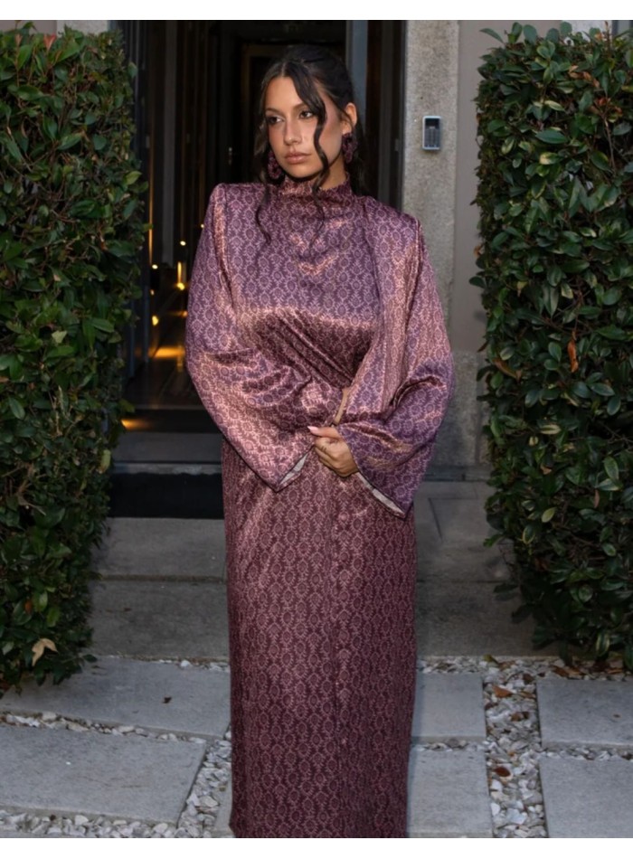 Long, flowing kimono in blackberry tones with a...