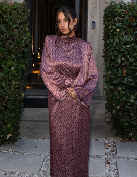 Long, flowing kimono in blackberry tones with a print